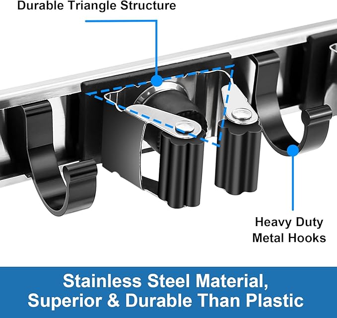 Mop and Broom Holder Wall Mount Metal Heavy Duty Utility Hooks Broom Organizer Garage Storage Systems Tool Racks for Home Laundry Garden Kitchen Organization (Black, 1 Pack 4R5H)