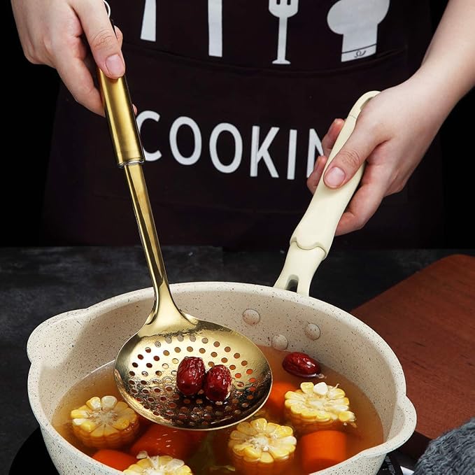 Berglander Skimmer, Stainless Steel Gold Strainer, Golden Cooking With Titanium Plating, Slotted Spoons, Kitchen For Cooking, Strainer Metal Skimmer Spoon (Gold)