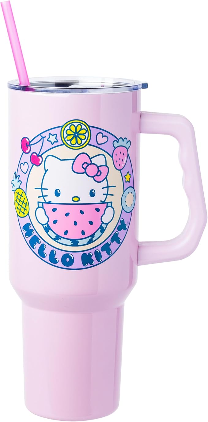 Silver Buffalo Sanrio Hello Kitty Summer Kawaii Fruits Stainless Steel Tumbler with Handle, Fits in Standard Cup Holder, 40 Ounces