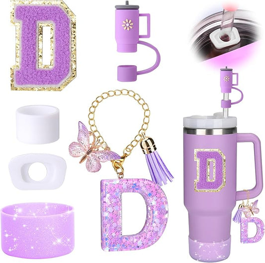 Mity rain 6PCS Cup Accessories Set for Stanley Cup 30oz 40oz tumbler with handle, Including Silicone Straw Topper Cover Cap and Boot, Spill Proof Stopper, Handle Charm, Initials Sticker (Letter D)