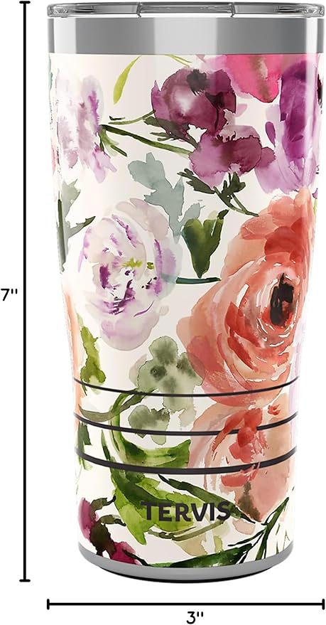 Tervis Traveler Kelly Ventura - Floral Collection Triple Insulated Tumbler Travel Cup Keeps Drinks Cold & Hot, 20oz - Stainless Steel, Heather Rose