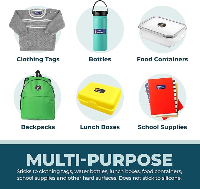 Personalized Daycare Name Labels for Kids (130 Labels) - Custom Waterproof Name Stickers for Clothing Tags, Water Bottles, Lunch Boxes and School Supplies (Solid Color)