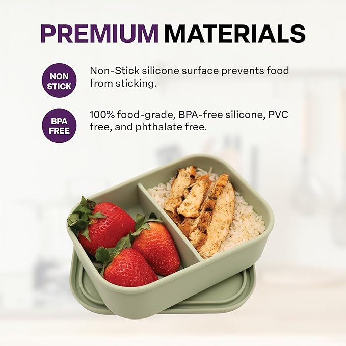 Silicone Bento Box, 2 Compartments, BPA-Free, Leak-Resistant, Dishwasher and Microwave Safe, Perfect for Work, Travel & Meal Prep, (Green)