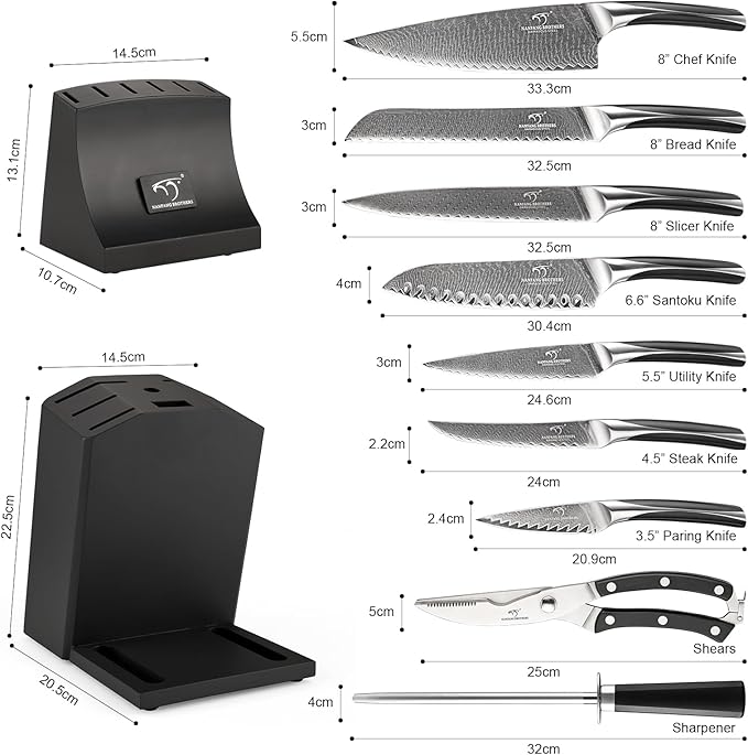 NANFANG BROTHERS Damascus Kitchen Knife Set, 15-Piece with Block, ABS Ergonomic Handle, Carving Fork, Disconnect-type Knife Block (Black)
