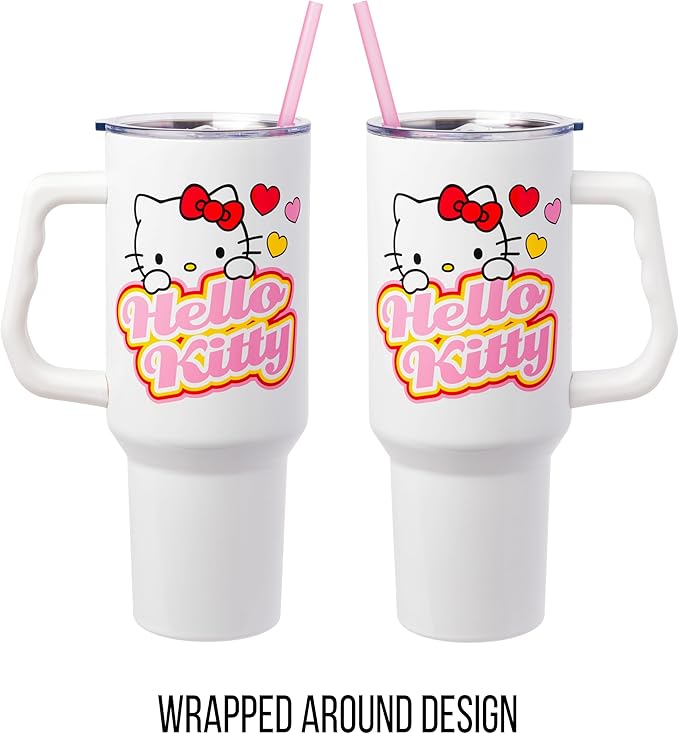 Silver Buffalo Sanrio Hello Kitty Name and Hearts Stainless Steel Tumbler with Handle and Straw, Fits in Standard Cup Holder, 40 Ounces