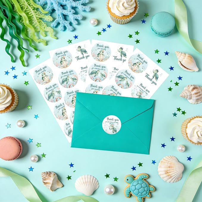 Serencatcher Sea Turtle Baby Shower Thank You Stickers, Ocean-Themed Birthday - Image 2