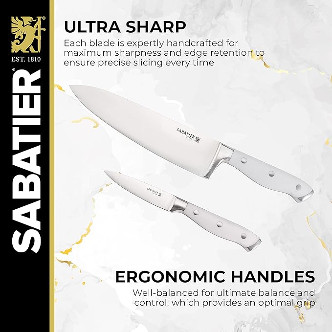 Sabatier 15-Piece Forged Triple Rivet Knife Block Set with Built-in Sharpener, High-Carbon Stainless Steel Kitchen Knives, Razor-Sharp Knife set with Acacia Block and Edgekeeper Technology, White