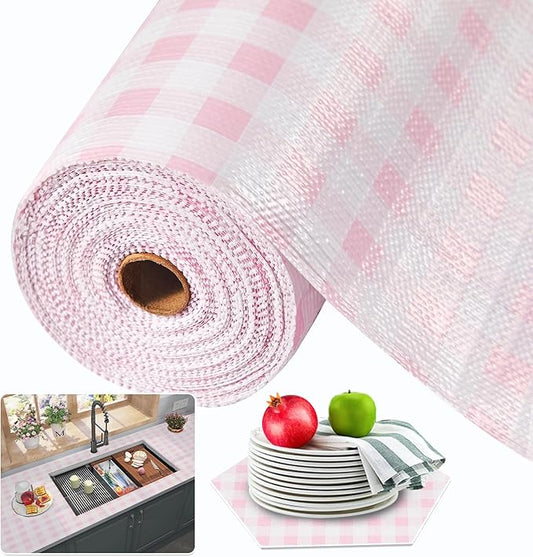 Beautysaid Shelf and Drawer Liner for Kitchen Cabinet, Non Adhesive Non Slip Shelf Paper Waterproof Washable Thickened for Dresser Pantry Shelve Bathroom Protector Liner(Pink Checkered,12 in x 10 FT)