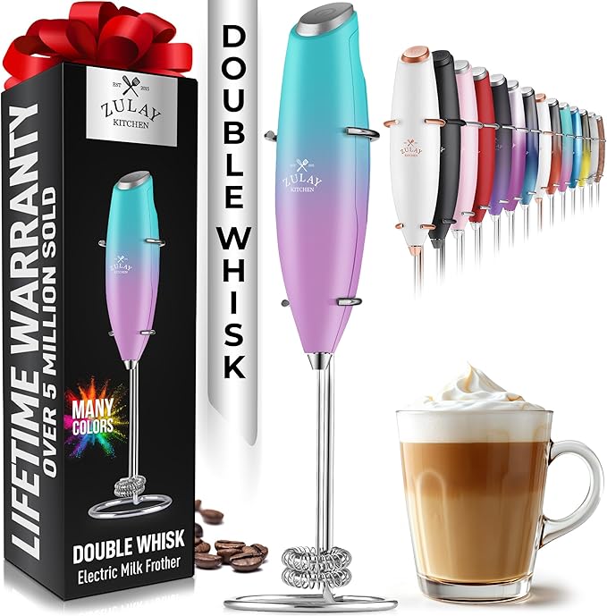 Zulay Kitchen Double Whisk Milk Frother – Handheld Foam Maker for Coffee, Lattes, Matcha, Hot Chocolate & Cappuccinos – Whip Creamy Froth in Seconds, Portable & Easy to Use