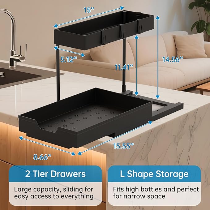 NATURE'S SOURCE Under Sink Organizers, Sliding L-shape Cabinet Organizers Narrow Space Storage Multi-purpose Sink Organizer Baskets with 4 Hook for Bathroom Kitchen Drawer (Black, 1 pack)