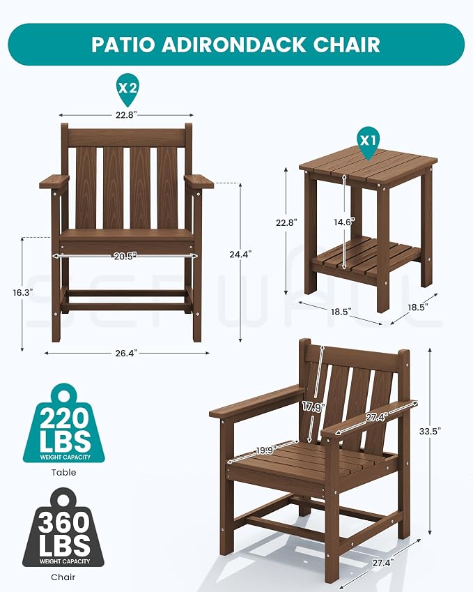 SEWRWALL Patio Furniture Set, HDPE Material All Weather Use Adirondack Chair Set - Image 3