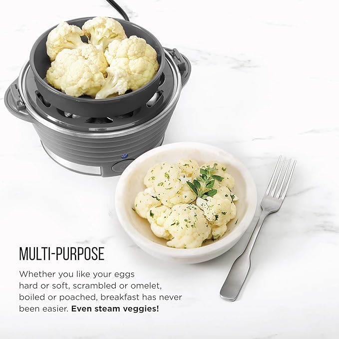 Chefman Electric Egg Cooker Boiler, Rapid Egg-Maker & Poacher, Food & Vegetable Steamer, Quickly Makes 6 Eggs, Hard, Medium or Soft Boiled, Poaching/Omelet Tray Included, Ready Signal, BPA-Free, Grey