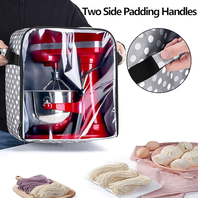 Luxja Dust Cover Compatible with 6-8 Quart KitchenAid Mixers (with a Bottom Padding Pad), Dust Cover (Clear Front Panel) for Stand Mixers and Extra Accessories, Gray Dots(Patented Design)