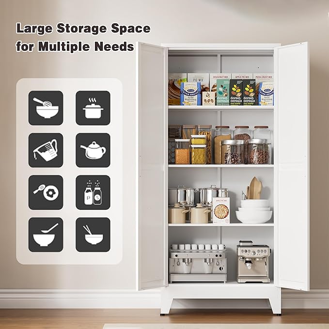 61" Tall Metal Pantry Cabinet, Kitchen Storage Cabinet with 2 Doors and 3 Adjustable Shelves for Kitchen, Living Room, Dining Room, Bathroom and Home, Office (White, 61" H)
