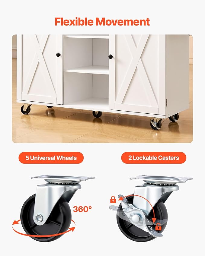 VEVOR Kitchen Island Cart, with Solid Wood Top and Storage Cabinet, Mobile Rolling Table with Drop Leaf, Drawers, Spice Towel Rack, Portable Islands on Swivel Wheels for Dining Room, 52in Width, White