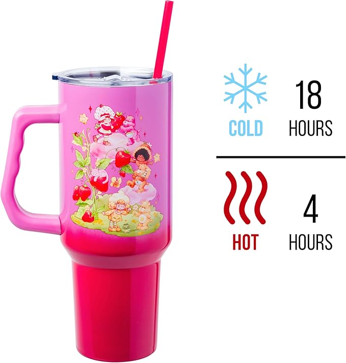 Silver Buffalo Care Bears and Strawberry Shortcake Ombre Stainless Steel Tumbler with Handle, Fits in Standard Cup Holder, 40 Ounces