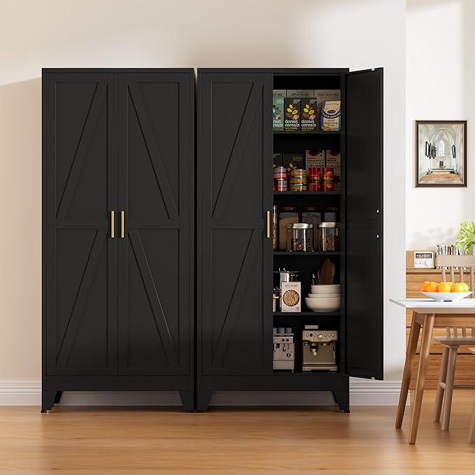 71" Tall Metal Pantry Cabinet, Kitchen Storage Cabinet with 2 Doors and 4 Adjustable Shelves for Kitchen, Living Room, Dining Room, Bathroom and Home, Office (Black, 71" H)