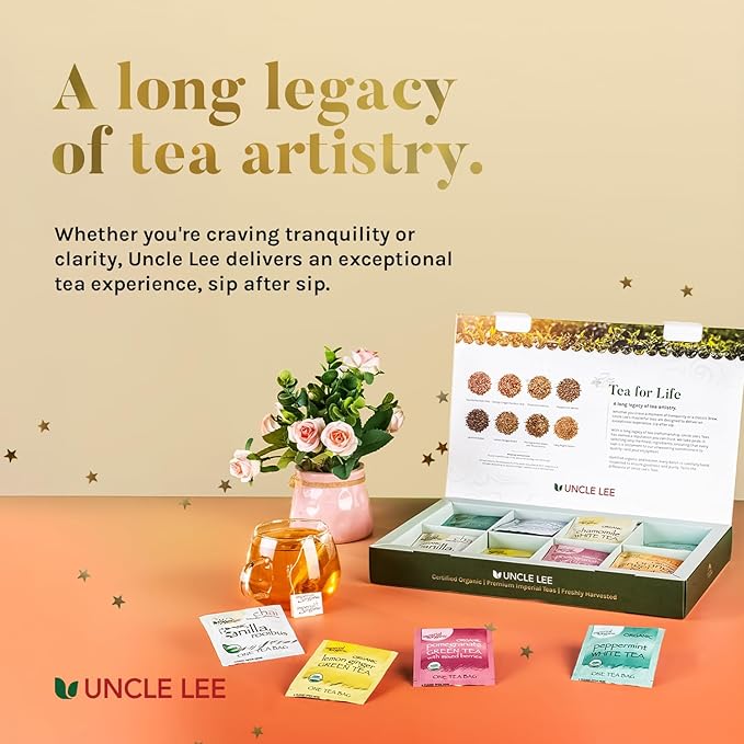 Uncle Lee’s Organic Tea Variety Gift Set – Wellness Collection with 8 Teas (6 Bags Each) in a Premium Gift Box, 3.3 Oz (48 Tea Bags)