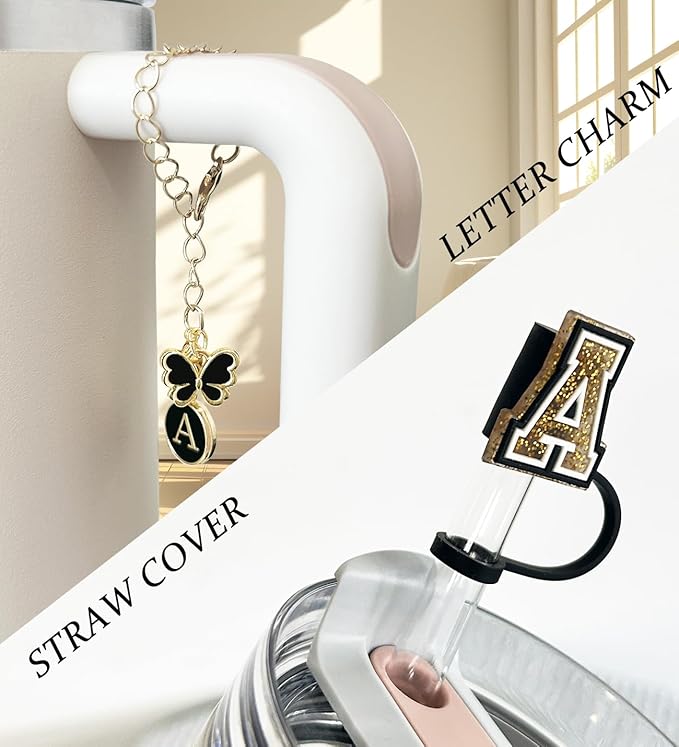 （3 +3) Nuozme Straw Cover Compatible with Stanley Tumbler Cup 3PCS Letter Straw Caps Toppers with 3 Initial Butterfly Charms Name ID For Stanley 30&40 Oz Cup