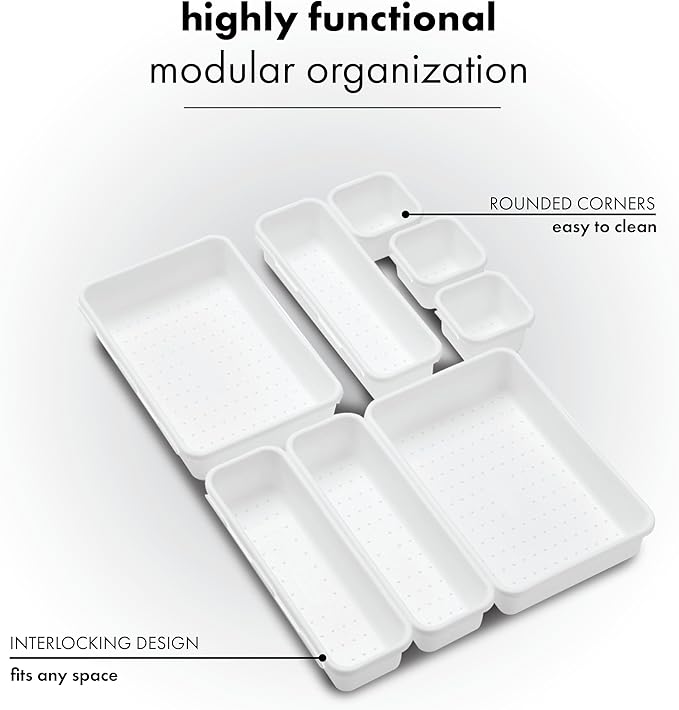 madesmart 8-Piece Interlocking Bin Pack Customizable Multi-Purpose Drawer, One Home Organization, BPA Free, White, 8 Count (Pack of 6)