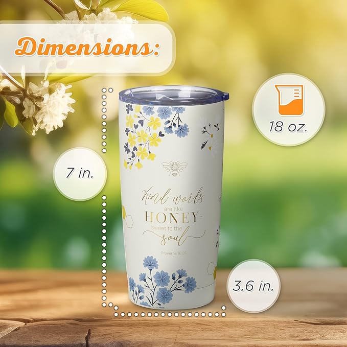Christian Art Gifts Stainless Steel Scripture Tumbler Travel Mug for Women: Kind Words Bible Verse, Cute Bumble Bee, Double-wall Vacuum Insulated, Lid, Hot/Cold, Creamy White Multicolor Floral, 18oz.