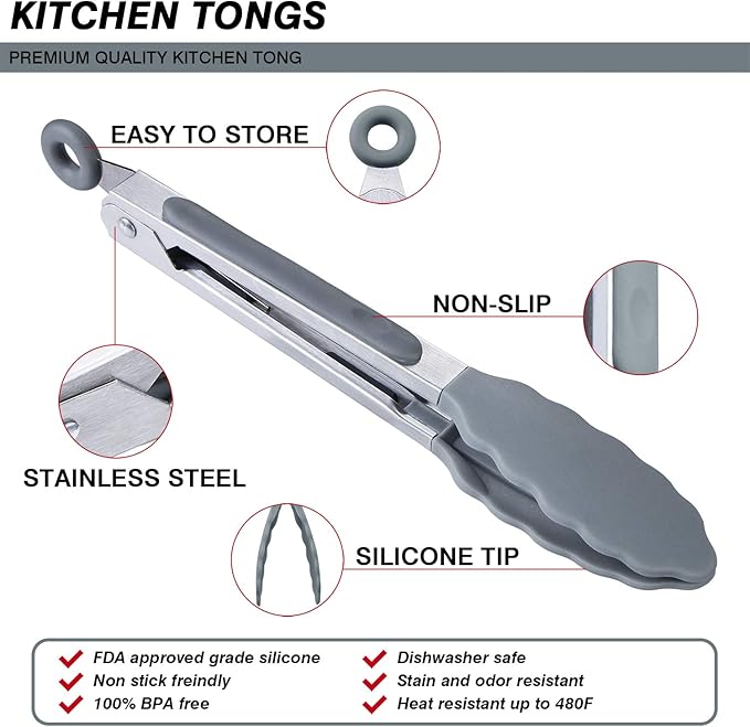 MSY BIGSUNNY Kitchen Food Tongs - 7" Mini Silicone Serving Tongs - Set of 3 (Gray)
