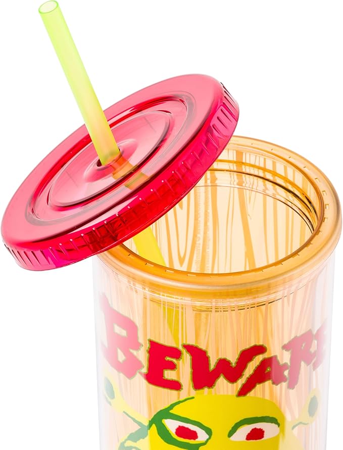 Silver Buffalo Shrek Beware Ogre Plastic Tall Cold Cup with Lid and Straw, 20 Ounces