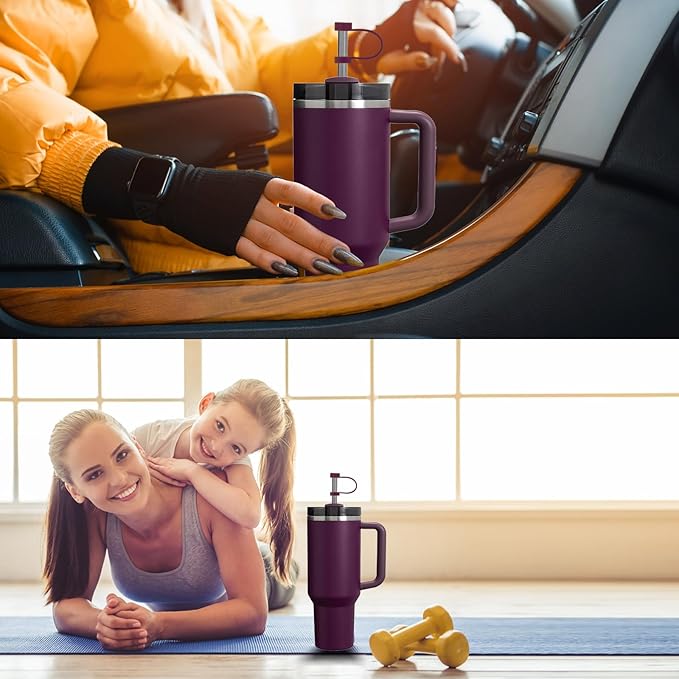 Silicone Spill Stopper Set Compatible with Stanley Cup 2.0 30oz & 40oz with Straw Cover (Set of 2, Plum)