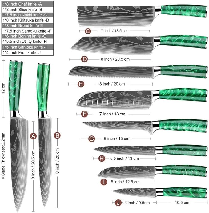 10-Piece Premium Japanese Kitchen Knife Set - Imperial Collection, Laser Damascus Pattern, 440A Stainless Steel Ultra Sharp for Fast Cutting (Green)