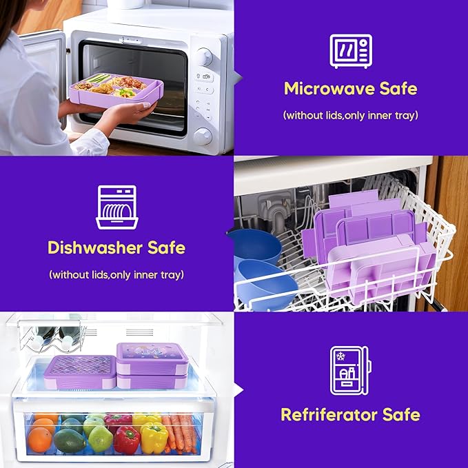 JYPS Bento Box for Kids,Leak-Proof Kids Lunch Box with 6 Compartments,Sauce Container,Utensils,BPA Free Microwave/Dishwasher Safe Lunch Container for Girls and Toddlers Back to School-Purple M