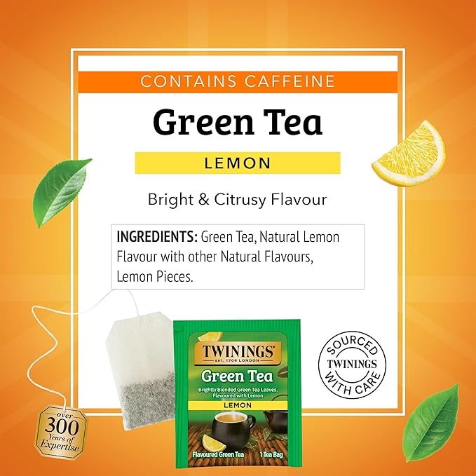 Twinings Green Tea with Lemon Individually Wrapped Bags, 20 Count (Pack of 6), Zesty Citrus Aroma & Flavour, Caffeinated, Enjoy Hot or Iced, 120 Teabags