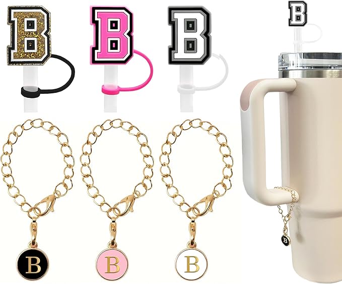 （3 +3) 3PCS Nuozme Straw Cover 10mm For Stanley Tumbler Cup Reusable Straw Cap Topper with 3 Initial Letter Charms Accessories Name ID Personalized Handle Charm For Stanley 30&40 Oz Cup Tumbler