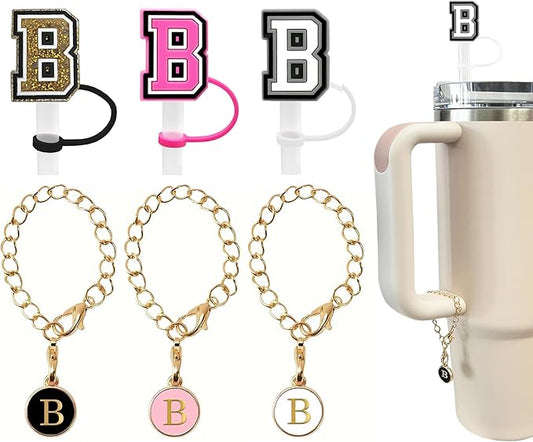 （3 +3) 3PCS Nuozme Straw Cover 10mm For Stanley Tumbler Cup Reusable Straw Cap Topper with 3 Initial Letter Charms Accessories Name ID Personalized Handle Charm For Stanley 30&40 Oz Cup Tumbler
