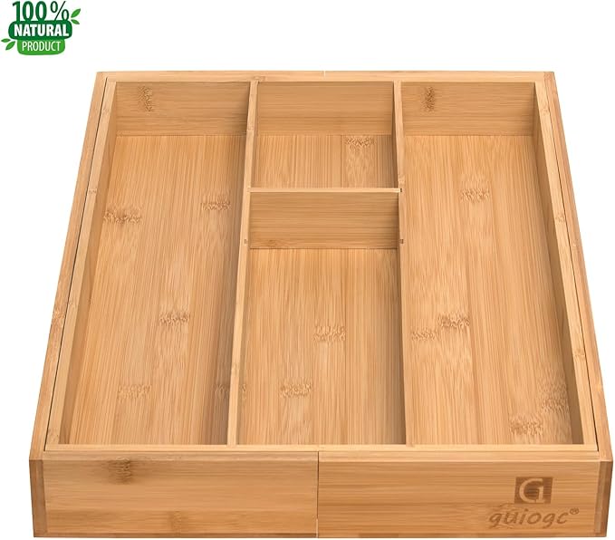 Bamboo Silverware Organizer, Expandable Kitchen Drawer Organizer and Utensil Organizer, Cutlery Tray with Drawer Dividers for Kitchen Utensils and Flatware, Bedroom, Living Room (Natural)