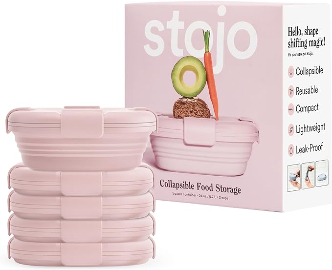 STOJO Collapsible Sandwich Box – 24oz, Reusable Food Storage Container, Silicone Bowl for Hot/Cold Food – Meal Prep, Lunch, Camping, Hiking – Dishwasher Safe (Set of 5, Carnation)