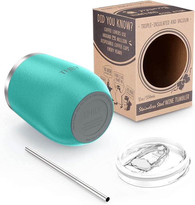 THILY Stainless Steel Stemless Wine Glass T1 Triple Vacuum Insulated Travel Wine Tumbler Cup with Lid and Reusable Straw, 12 oz, Keep Drinks Cold or Hot, Teal
