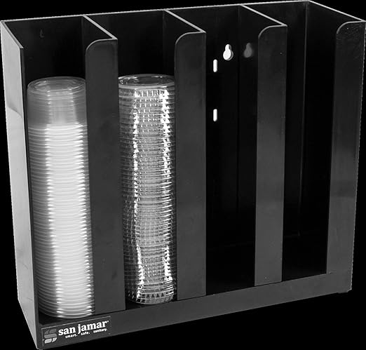 San Jamar Portion Cup and Lid Organizer Fits 2-3" Cups and Lids with Removable Dividers for Kitchen, Restaurant, and Fast Food, Plastic, 10 x 11.5 x 3.75 Inches, Black