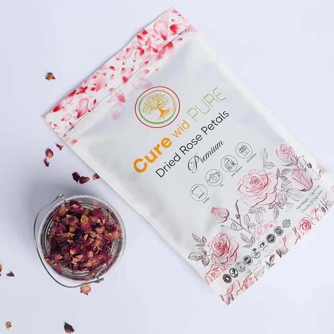 Cure Wid Pure Certified Organic Dried Rose Petals 4 oz Food-Grade Edible Rose Petals for Tea,Cocktails,Baking,Skincare & DIY - Sun-Dried,Non-GMO,Gluten & Chemical-Free Edible Flowers in Resealable Bag