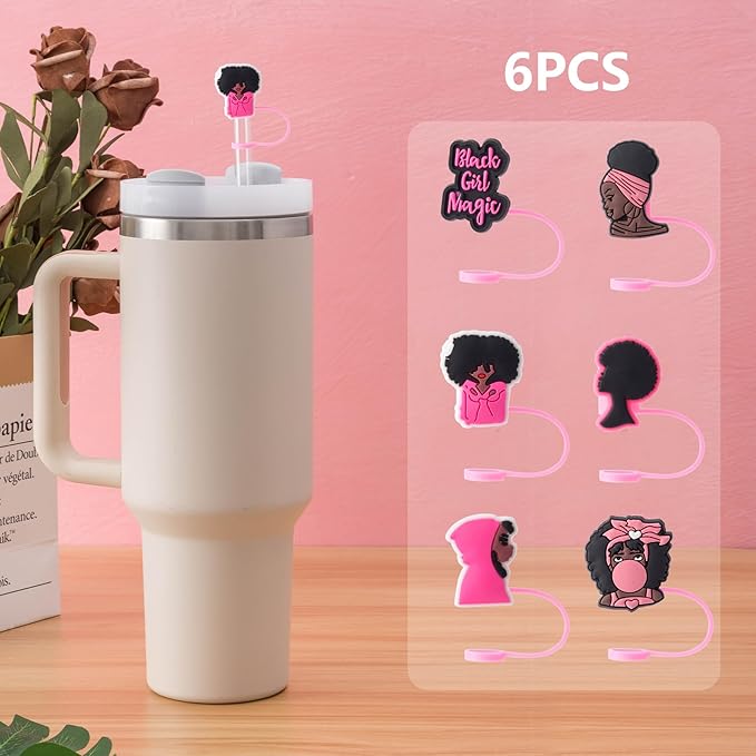 6Pcs Black Girl Straw Cover Cap for Stanley Cup Accessories, 10mm Cute Pink Drinking Straw Topper for 40oz 30oz Stanley Tumbler, Dust-Proof Reusable Straw Tips Gifts for Women