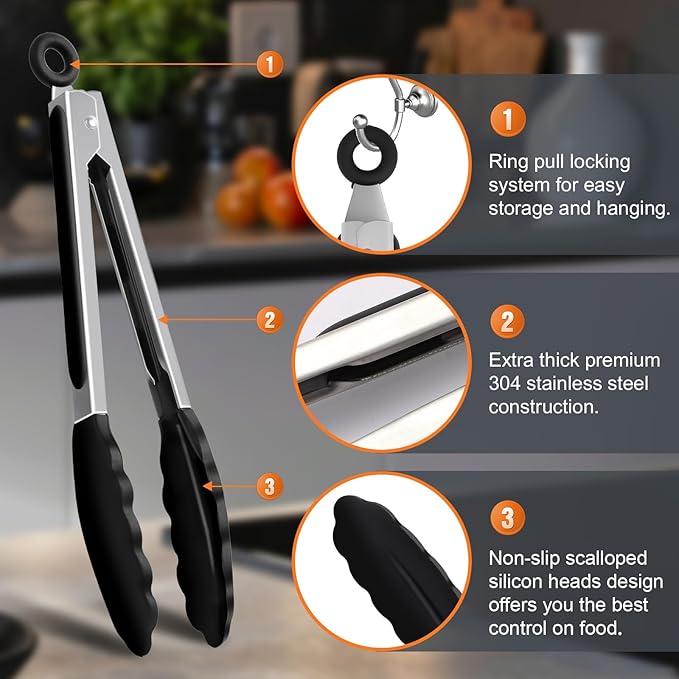 2 Pack Black Premium Stainless Steel Heat Resistant Kitchen Tongs for cooking,set of 9" and 12",Non Scratch Silicone cooking Tong Tip for Cooking Pans,Strong Grip BBQ tongs for Grabbing Hot Food
