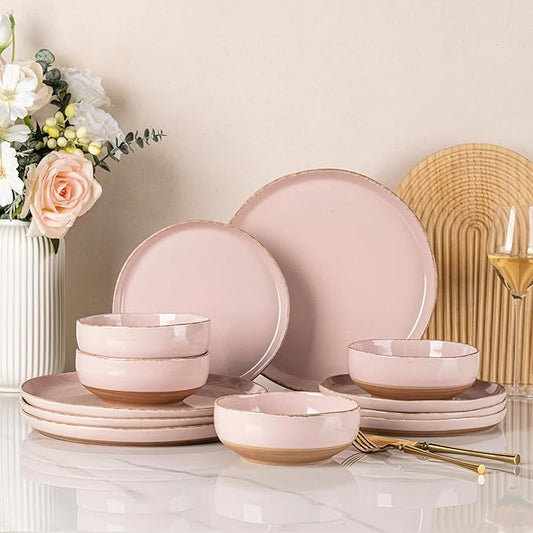 AmorArc Ceramic Dinnerware Sets for 4, 12 Pieces Handpainted Plates and Bowls Set with Rustic Terracotta Underside, Scratch Resistant Stoneware Dishes Set, Dishwasher & Microwave Safe