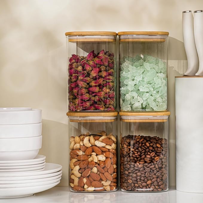 37oz Airtight Glass Square Storage Canisters with Bamboo Lid Set of 6 (1100ml) Stackable Containers, Kitchen Jars for Pantry Noodles, Flour and Coffee beans (‎with Black Lable)