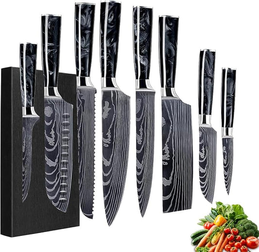 8-Piece Premium Japanese Kitchen Knife Set - Imperial Collection, Laser Damascus Pattern, 440A Stainless Steel Ultra Sharp for Fast Cutting (Black 8J)