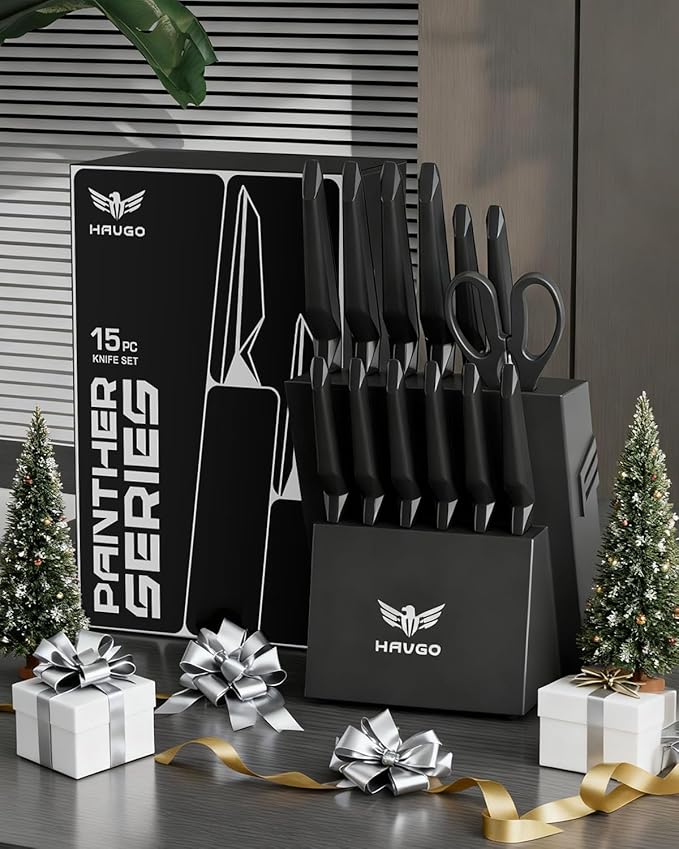 Knife Set - Haugo 15 PCS Kitchen Knife Set with Built in Sharpener - Dishwasher Safe Kitchen Knives - High Carbon Stainless Steel Knife Block Set with Ergonomic Handles - Panther Series