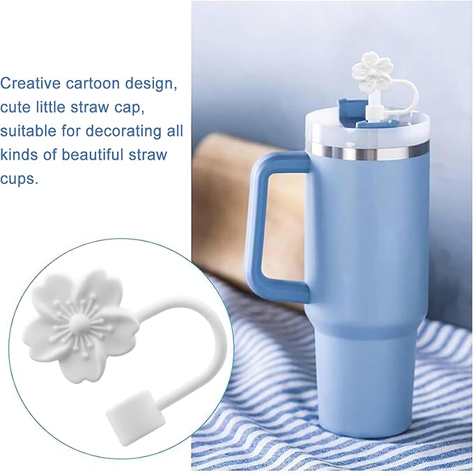 Flower Silicone Straw Cover Cap for Stanley Cup,Straw Topper 10mm 0.4in Dust-Proof Reusable Straw Tips Lids,Straw Tip Covers Gift for Party Decor (White Cherry blossom 4pcs)