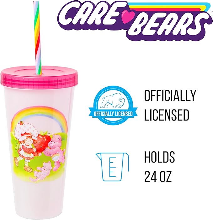 Silver Buffalo Care Bears Strawberry Shortcake Color Change Plastic Tumbler 4 Pack Featuring Orange Blossom Lemon Meringue Cheer Funshine Friend Blueberry Muffin Grumpy, 24 Ounces
