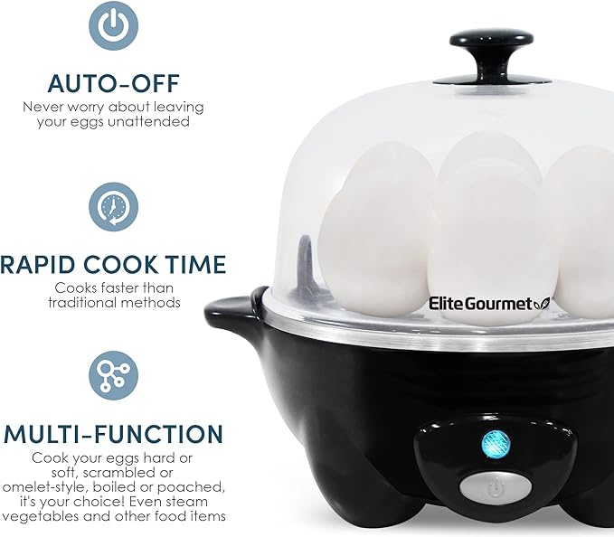 Elite Gourmet EGC-007B# Rapid Egg Cooker, 7 Easy-To-Peel, Hard, Medium, Soft Boiled Eggs, Poacher, Omelet Maker, Auto Shut-Off, Alarm, 16-Recipe Booklet, Black