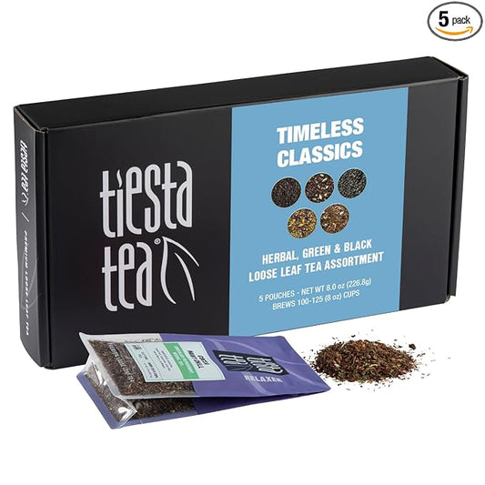 Tiesta Tea - Classic Tea Gift Box, Loose Leaf, High to Non-Caffeinated Variety, Make Hot & Iced Brews, 5 Pouches of Assorted Blends w/English Breakfast, Green, Chai, Lavender & Herbal