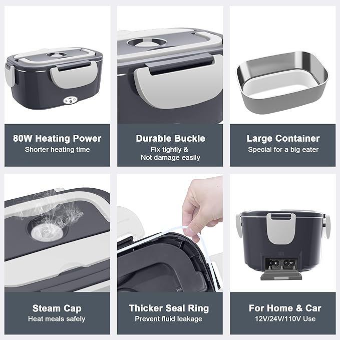 Electric Heated Lunch Boxes Adults: 80W Electric Lunch Box Food Heated 12/24/110V 1.5L Heatable Lunch Box for Car/Truck/Office Leak-Proof Stainless Steel Container, Fork & Spoon, Bag (Dark Grey)