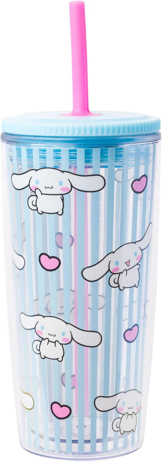 Silver Buffalo Sanrio Hello Kitty and Friends Cinnamoroll Hearts and Blue Stripes Plastic Cold Cup with Lid and Straw, 20 Ounces